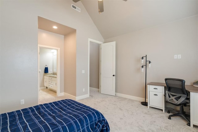 bedroom with visible vents, ensuite bathroom, baseboards, light colored carpet, and ceiling fan