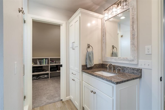 bathroom with wood finished floors and vanity