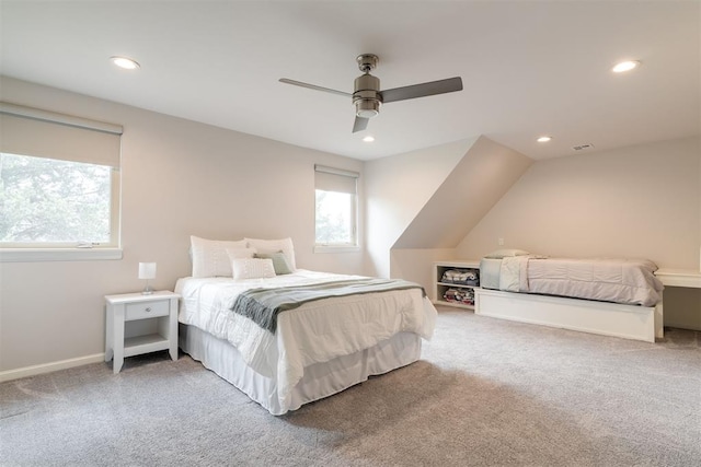 bedroom with recessed lighting, baseboards, ceiling fan, and carpet flooring