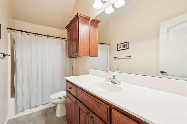 full bath featuring vanity, toilet, tile patterned flooring, and shower / tub combo with curtain