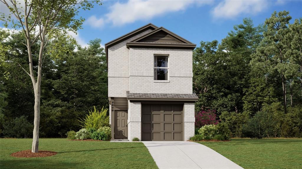 view of front facade featuring a front lawn, brick siding, and a garage