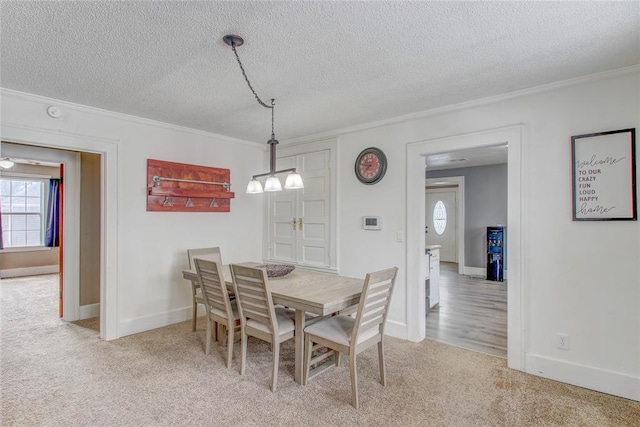 dining room featuring a wealth of natural light, carpet, crown molding, and a textured ceiling