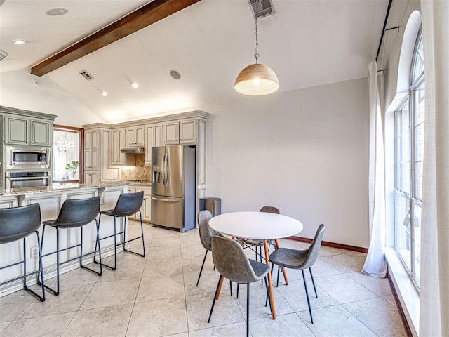 dining space featuring visible vents, baseboards, light tile patterned flooring, and vaulted ceiling with beams