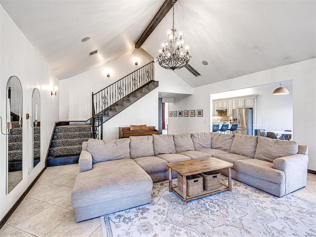 living room featuring visible vents, a chandelier, beamed ceiling, stairs, and high vaulted ceiling