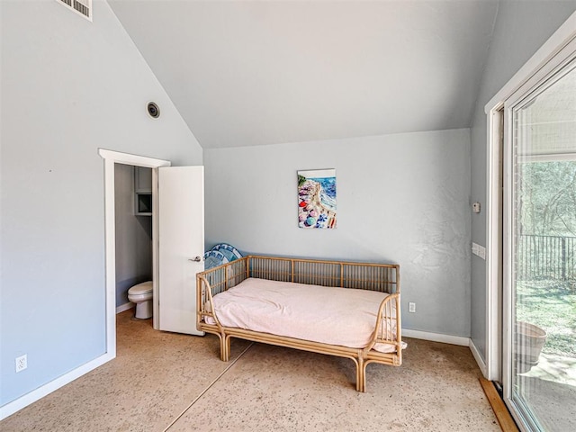 bedroom with baseboards, lofted ceiling, visible vents, and access to outside