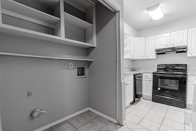 kitchen with white cabinetry, under cabinet range hood, light tile patterned flooring, electric range, and a textured ceiling