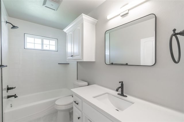 full bathroom featuring vanity, shower / bathing tub combination, toilet, and visible vents