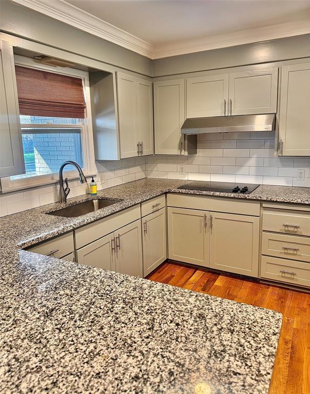 kitchen with a sink, decorative backsplash, stone counters, and light wood-style flooring