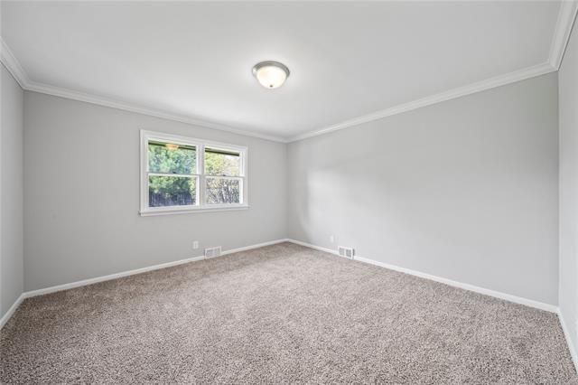 carpeted empty room with baseboards, visible vents, and ornamental molding