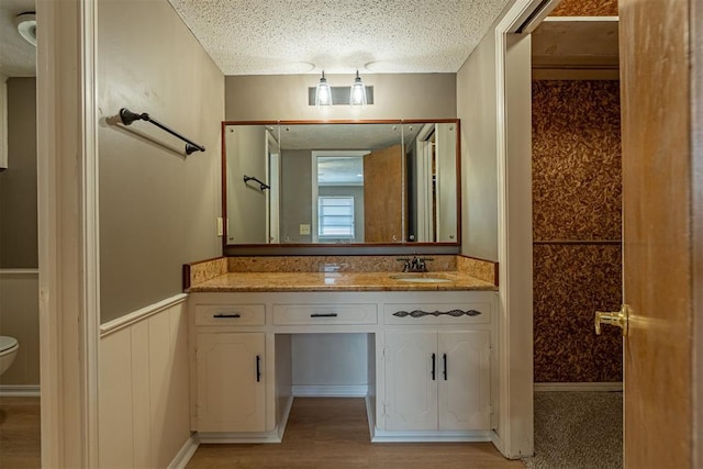 bathroom featuring vanity, toilet, wood finished floors, and wainscoting