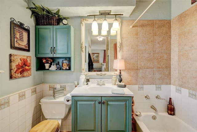 full bathroom featuring shower / bath combination, toilet, tile walls, and vanity