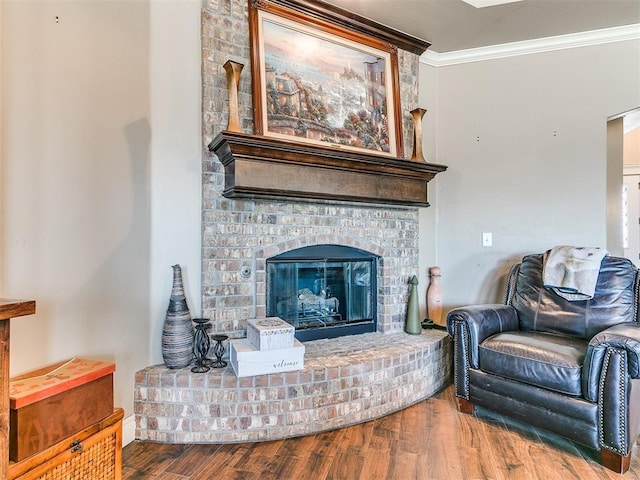 living room with ornamental molding, a fireplace, and wood finished floors