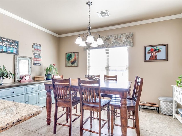 dining space featuring a chandelier, visible vents, crown molding, and light tile patterned floors