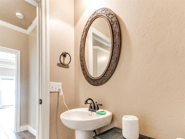 bathroom with a sink, ornamental molding, and a textured wall