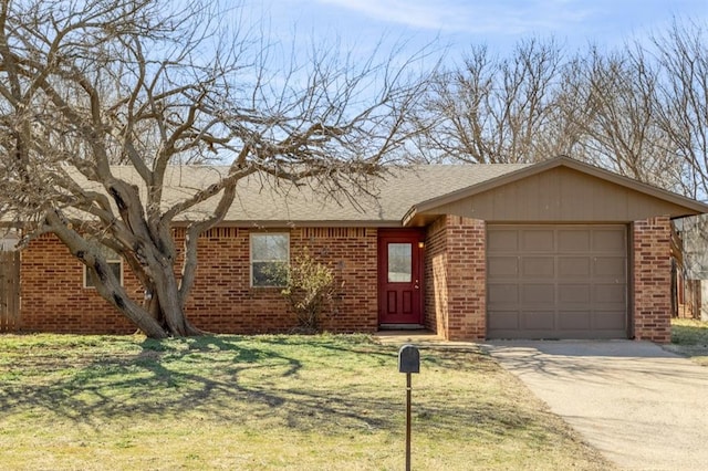 single story home featuring driveway, roof with shingles, a front yard, a garage, and brick siding