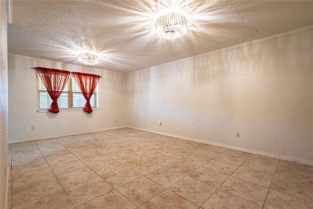 empty room featuring crown molding, a notable chandelier, light tile patterned floors, and a textured ceiling