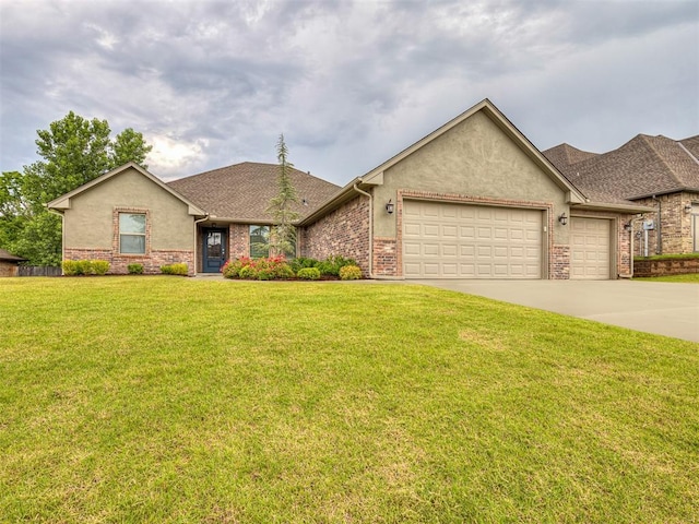 single story home featuring brick siding, a front yard, stucco siding, a garage, and driveway