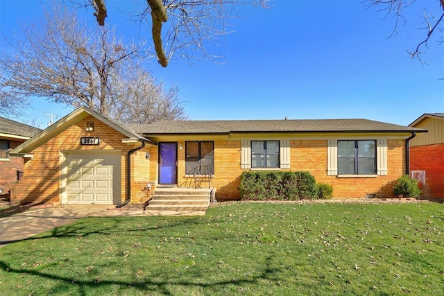 ranch-style home with brick siding, driveway, an attached garage, and a front yard