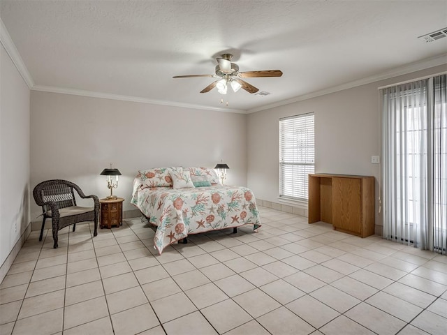 bedroom featuring light tile patterned floors, visible vents, crown molding, and ceiling fan