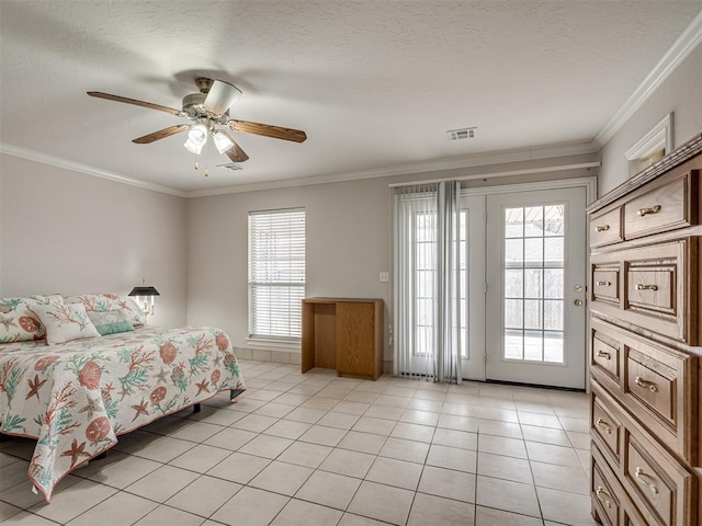 bedroom featuring access to exterior, light tile patterned flooring, a textured ceiling, and ornamental molding