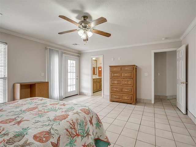 bedroom featuring light tile patterned floors, visible vents, baseboards, and crown molding