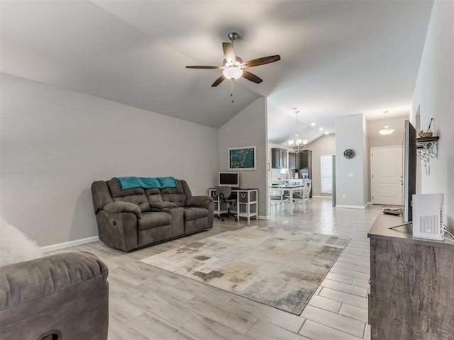 living room featuring light wood-style flooring, ceiling fan with notable chandelier, baseboards, and high vaulted ceiling