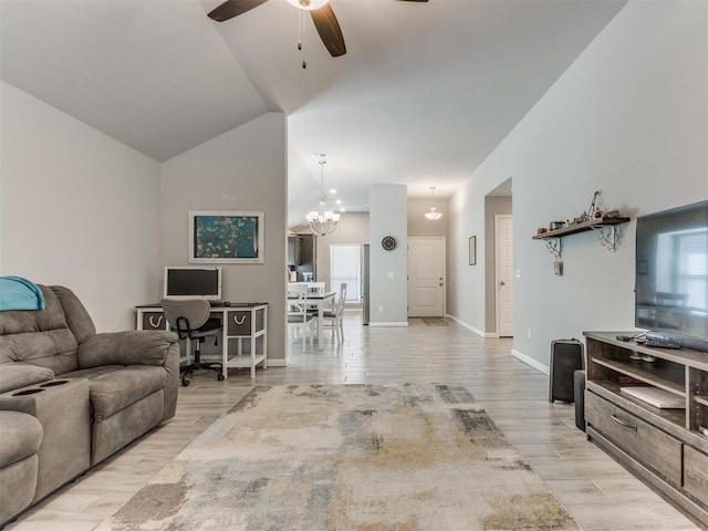 living area featuring high vaulted ceiling, ceiling fan with notable chandelier, baseboards, and wood tiled floor