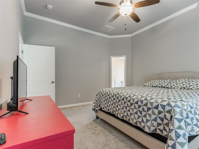 carpeted bedroom featuring visible vents, a ceiling fan, crown molding, and baseboards