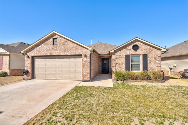 ranch-style house with a front yard, an attached garage, brick siding, and driveway