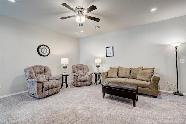 living area featuring visible vents, a ceiling fan, recessed lighting, carpet floors, and baseboards