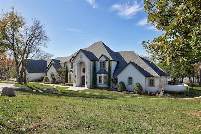 french country home with stucco siding and a front yard