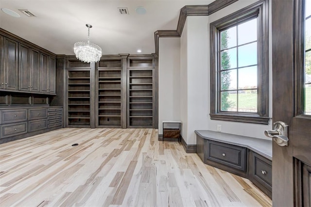 walk in closet featuring a notable chandelier, visible vents, and light wood-style flooring