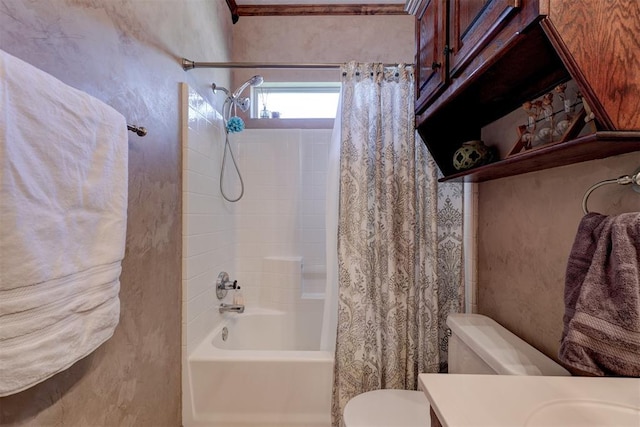 full bathroom with shower / bathtub combination with curtain, toilet, and vanity