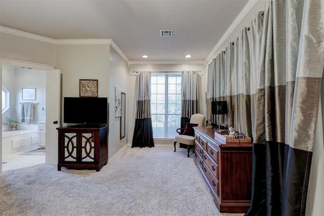 sitting room featuring recessed lighting, visible vents, carpet, and crown molding