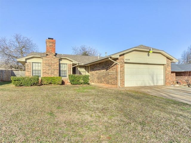 ranch-style home featuring an attached garage, fence, brick siding, and a chimney