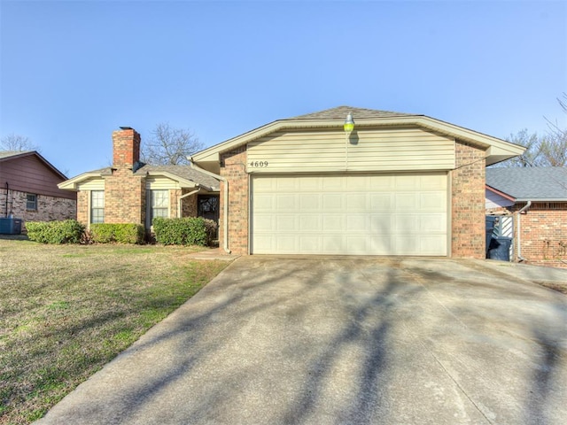 ranch-style house with brick siding, a garage, a front lawn, and driveway