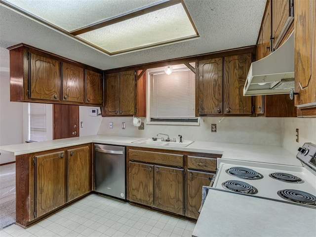 kitchen with white electric range, under cabinet range hood, a sink, light countertops, and dishwasher