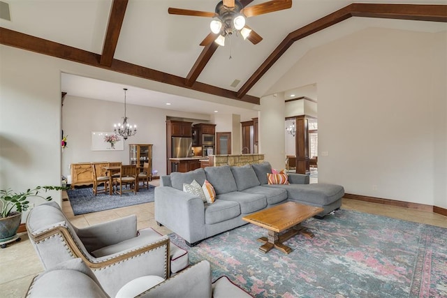 living room with visible vents, beam ceiling, high vaulted ceiling, ceiling fan with notable chandelier, and baseboards