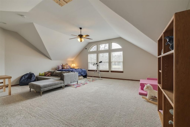 carpeted bedroom featuring lofted ceiling, a ceiling fan, and baseboards