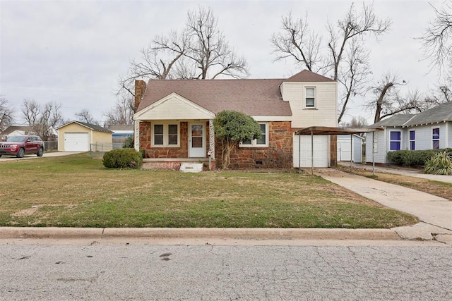 view of front of house with a front yard, a chimney, a carport, stone siding, and driveway