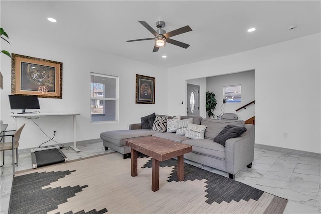 1612 N Klein Ave, Oklahoma City, OK 73106 - living room featuring recessed lighting, baseboards, marble finish floor, and ceiling fan