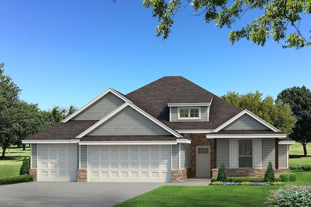 craftsman-style house featuring brick siding, a front yard, roof with shingles, a garage, and driveway