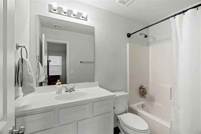 full bathroom featuring visible vents, toilet, vanity, and shower / bath combination with curtain