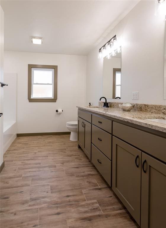 bathroom featuring toilet, vanity, and wood finished floors