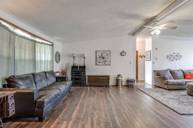 living room featuring ceiling fan, a textured ceiling, wood finished floors, and vaulted ceiling with beams