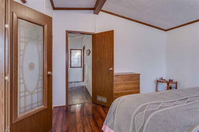 bedroom with lofted ceiling with beams, visible vents, wood finished floors, and crown molding