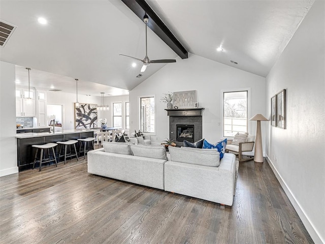 living room with beamed ceiling, plenty of natural light, and dark wood-type flooring