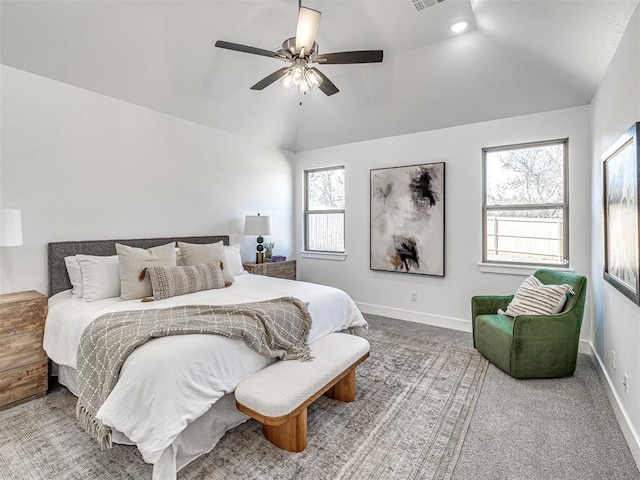 bedroom featuring visible vents, ceiling fan, baseboards, lofted ceiling, and carpet flooring