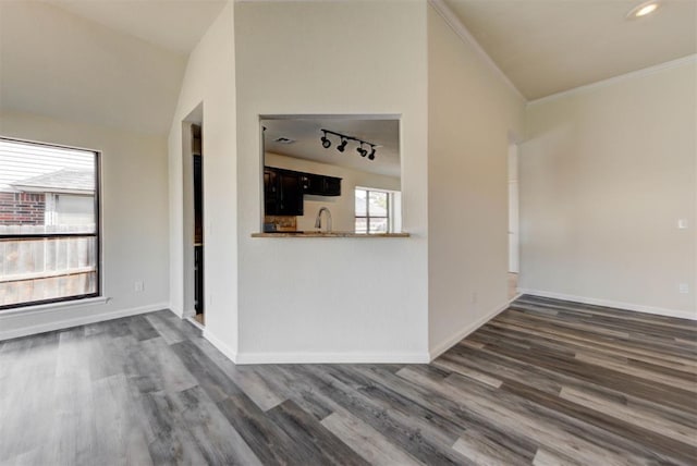 unfurnished living room featuring dark wood-type flooring, baseboards, ornamental molding, rail lighting, and a sink