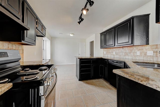 kitchen featuring a sink, stainless steel electric stove, ventilation hood, dishwasher, and dark cabinets